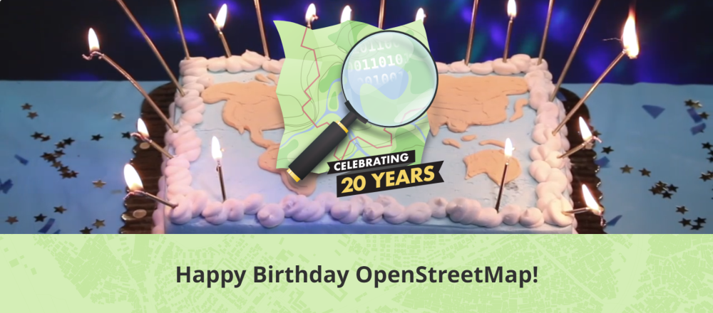 The OpenStreetMap logo with a banner reading, "Celebrating 20 Years", over a photograph of a birthday cake depicting a world map in blue and brown icing and decorated with 20 birthday candles. The caption reads, "Happy Birthday OpenStreetMap!"