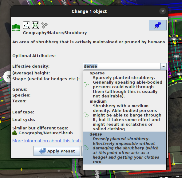 JOSM preset for natural=shrubbery; shrubbery:density=dense is selected.