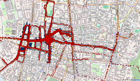 Potential area with KPM3 usage (in red) + buildings in blue. However, most buildings were already tagged with house numbers in 2010/11.