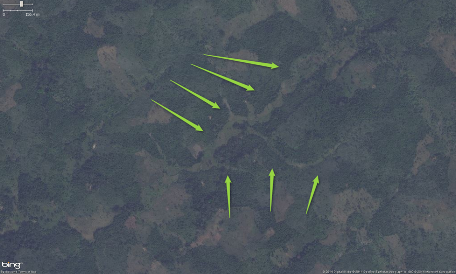 This is a zoomed out view of typical small scale rice farming. You can see the lighter colored green vegitation, formed from the watershed drainage area. Small scale row crops and rice paddies are often planted in these flood plane areas. Zooming in to check might reveal obvious rice paddies or row crops.