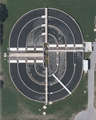 Circular oxidation ditches at a water treatment plant in Illinois, USA water treatment plant in Illinois, USA