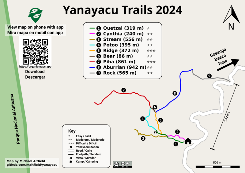 Image shows a &quot;trail guide&quot; map. The title reads &quot;Yanayacu Trails 2024&quot;. The bottom-left has a small font that reads "Map by Michael Altfield / github.com/maltfield/yanayacu"