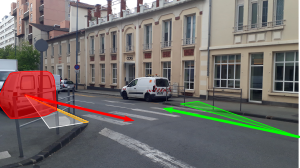 Intersection illustrant le fait que l'usager du passage piéton et une partie des automobiles en approche ne se voient pas.