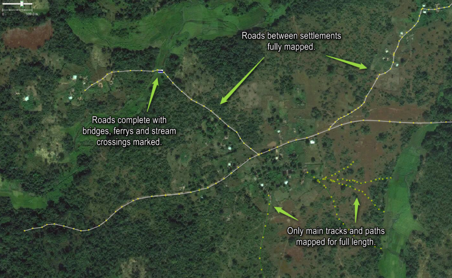 Typical roads, tracks and paths around and between small settlements mapped most helpfully as displayed by the JOSM OSM editor