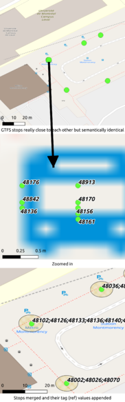 GTFS stops unique by stop_id and stop_code with slightly different coordinates and how they get merged