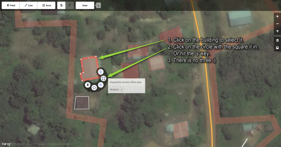 Here is how to use the iD editor to square the corners of a building in 2 easy steps. You should do this for every building you draw that is a rectangle or made up of rectangles.