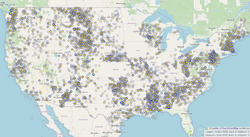 Map from Overpass turbo showing waterway=dam nodes in OSM not tagged with ref:US:NID