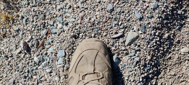 A photo of sediment in a wadi in Arizona with a boot for scale