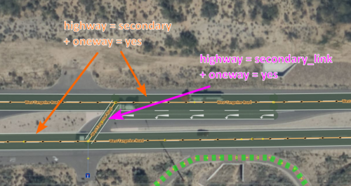 Пример двухполосной дороги с highway=secondary_link, соединяющей дороги.