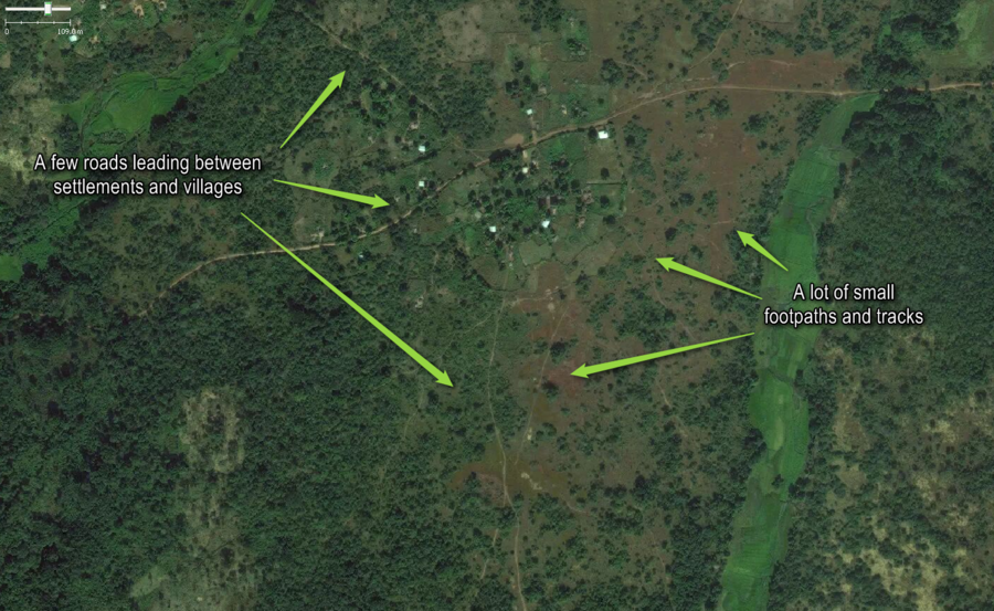 Typical roads, tracks and paths around and between small settlements in West Africa with annotations.