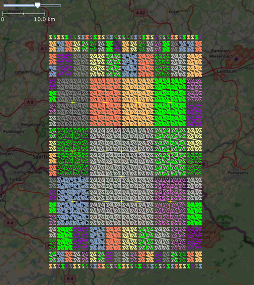 All 316 ranges which have been created for bounding box (49.0, 49.5, 7, 7.5), matching Z-Order Room filling curve